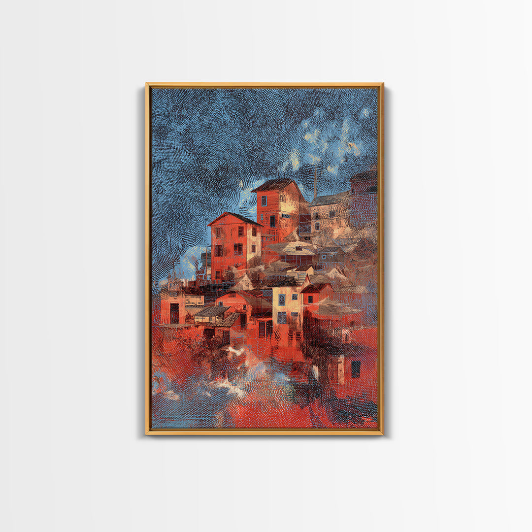 Red Hillside Village At Starry Night Canvas Print, Cozy Winter Wall Art, Rustic Decor, Unique Home Decor Gift, Orange Blue Painting