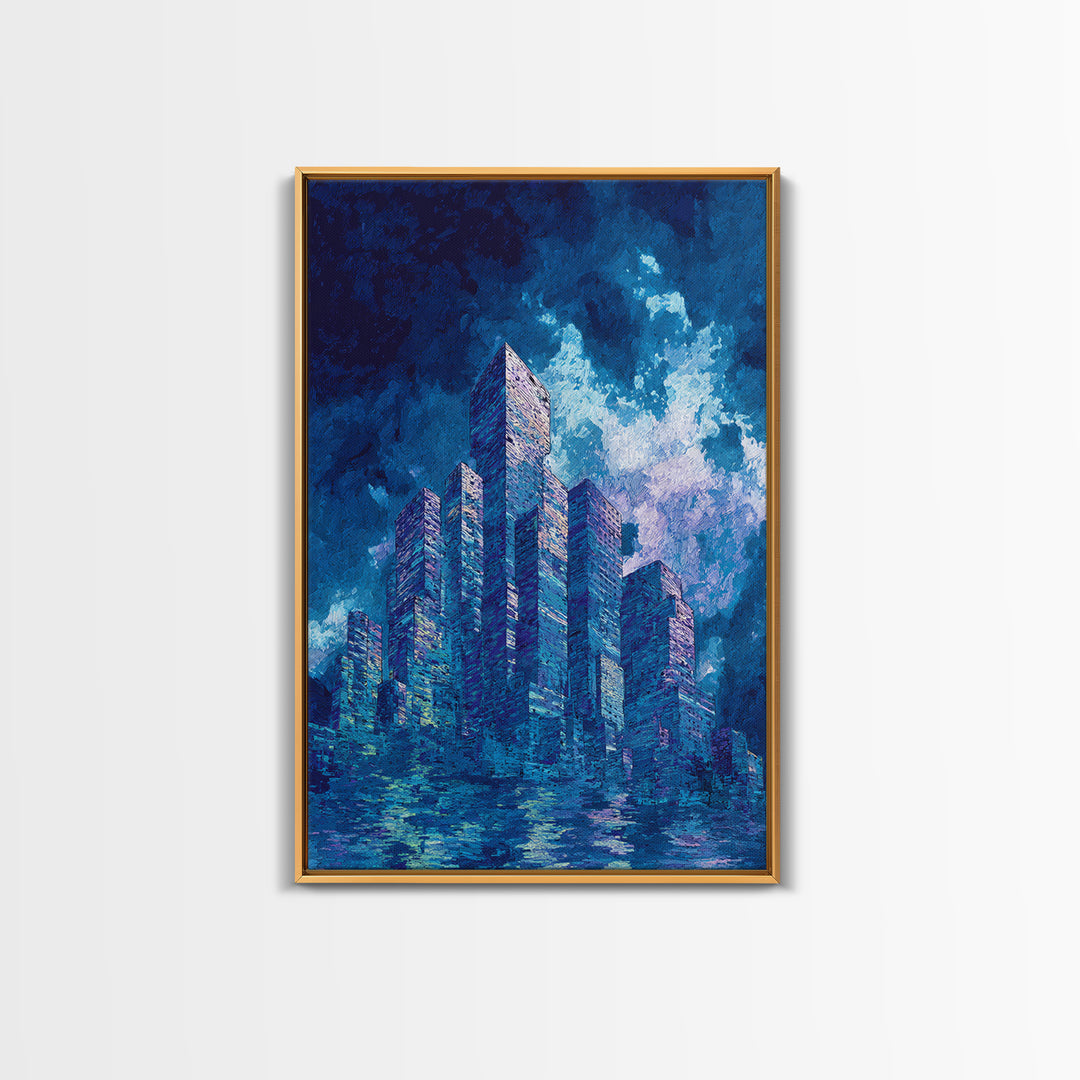 Blue Futuristic Skyline Framed Canvas Print, Modern City Wall Decor, Urban Architecture Art, Luxury Canvas Art For Office