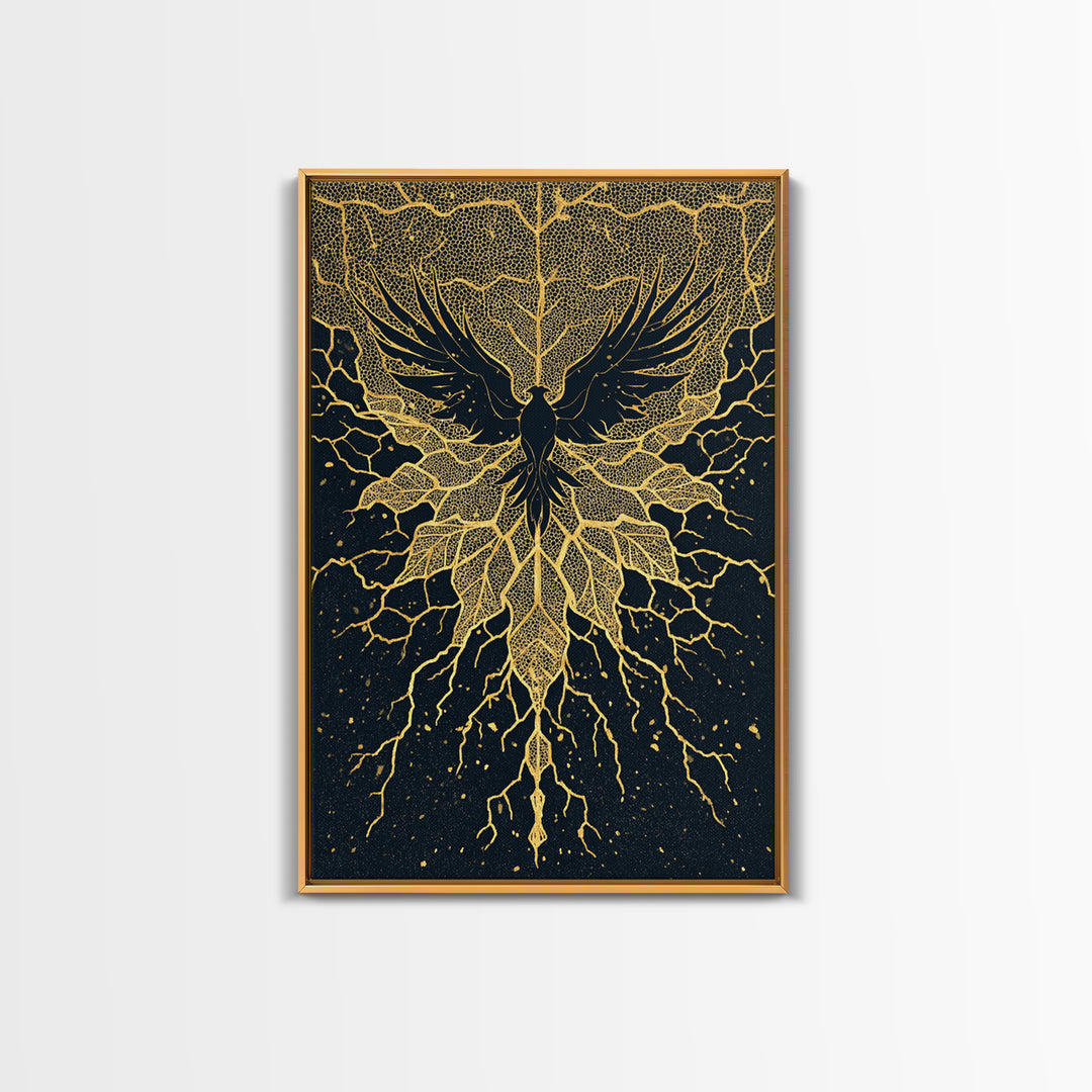 Black And Gold Bird With Roots Wall Art, Spiritual Wall Decor, Mystical Wall Art, Elegant Home Decor, Unique Canvas Art Print