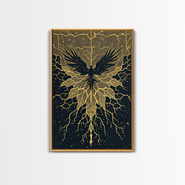 Black And Gold Bird With Roots Wall Art, Spiritual Wall Decor, Mystical Wall Art, Elegant Home Decor, Unique Canvas Art Print