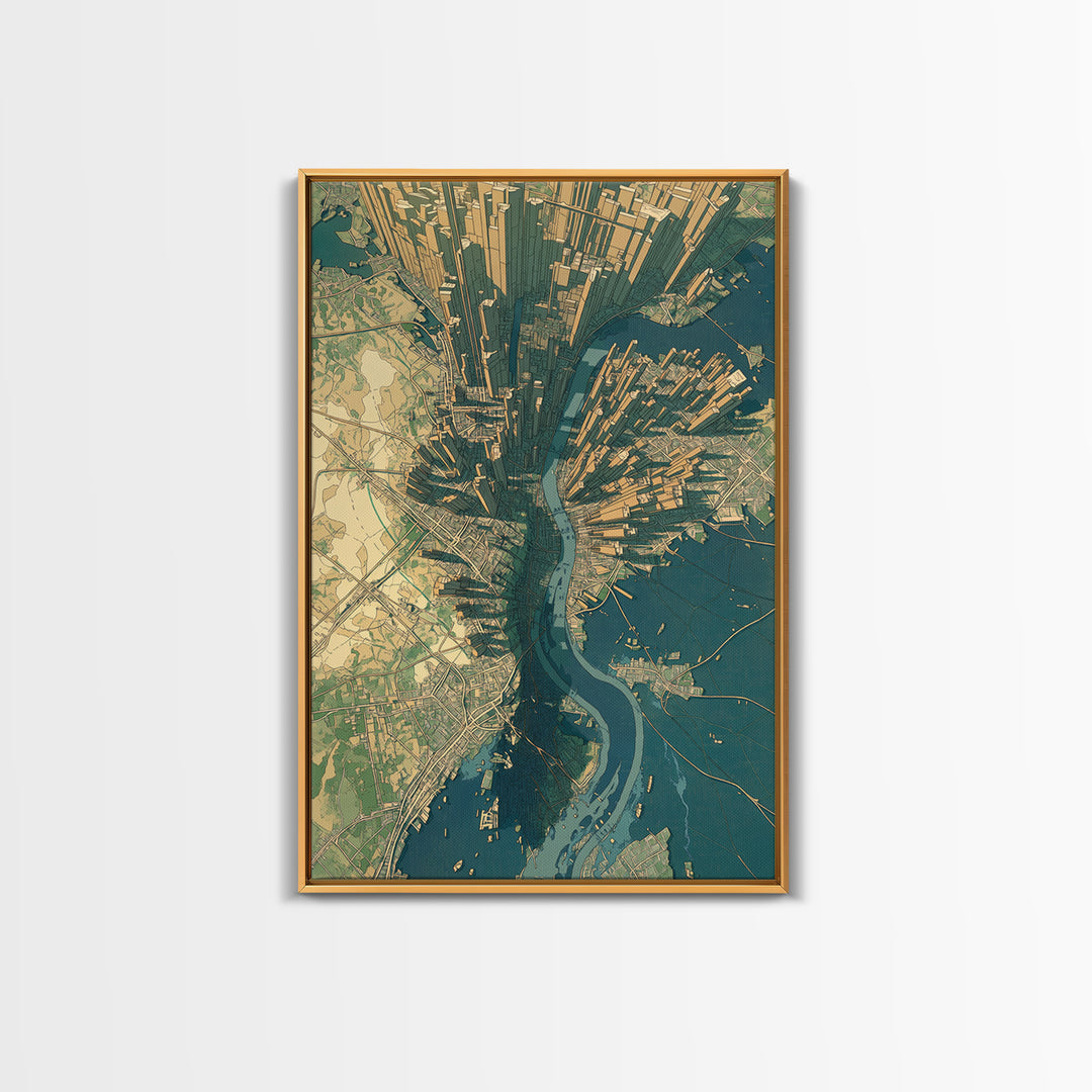 Aerial City Map Canvas Print, Urban Wall Art, Modern Architecture Poster, Teal And Gold Art, Office Decor, Statement Wall Art