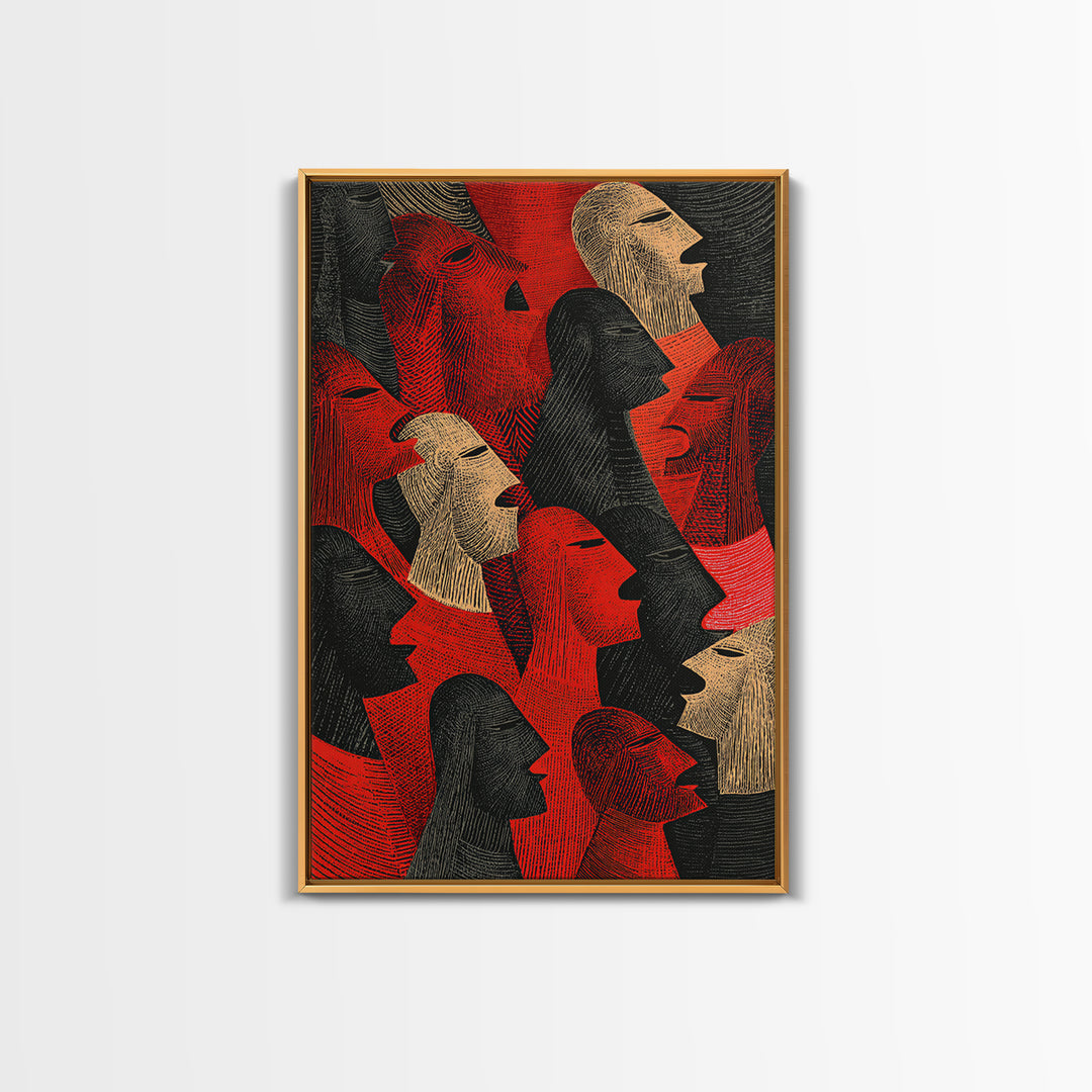 Red And Black Tribal Profile Faces, African Wall Art, Abstract African Art Print, Afrocentric Decor, Modern Canvas Print