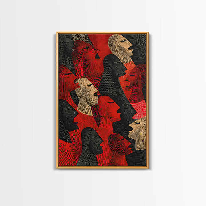 Red And Black Tribal Profile Faces, African Wall Art, Abstract African Art Print, Afrocentric Decor, Modern Canvas Print