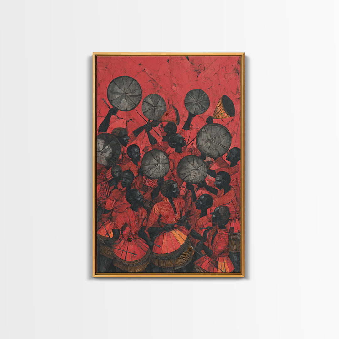 Red Drummers And Round Shields Celebration, African Wall Art, Tribal Art Print, Cultural Home Decor, Vibrant Canvas Print