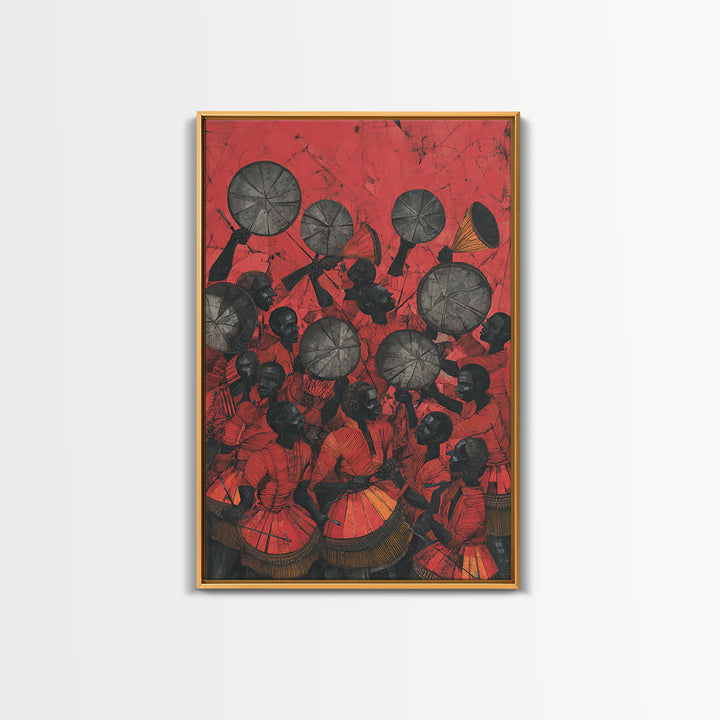 Red Drummers And Round Shields Celebration, African Wall Art, Tribal Art Print, Cultural Home Decor, Vibrant Canvas Print