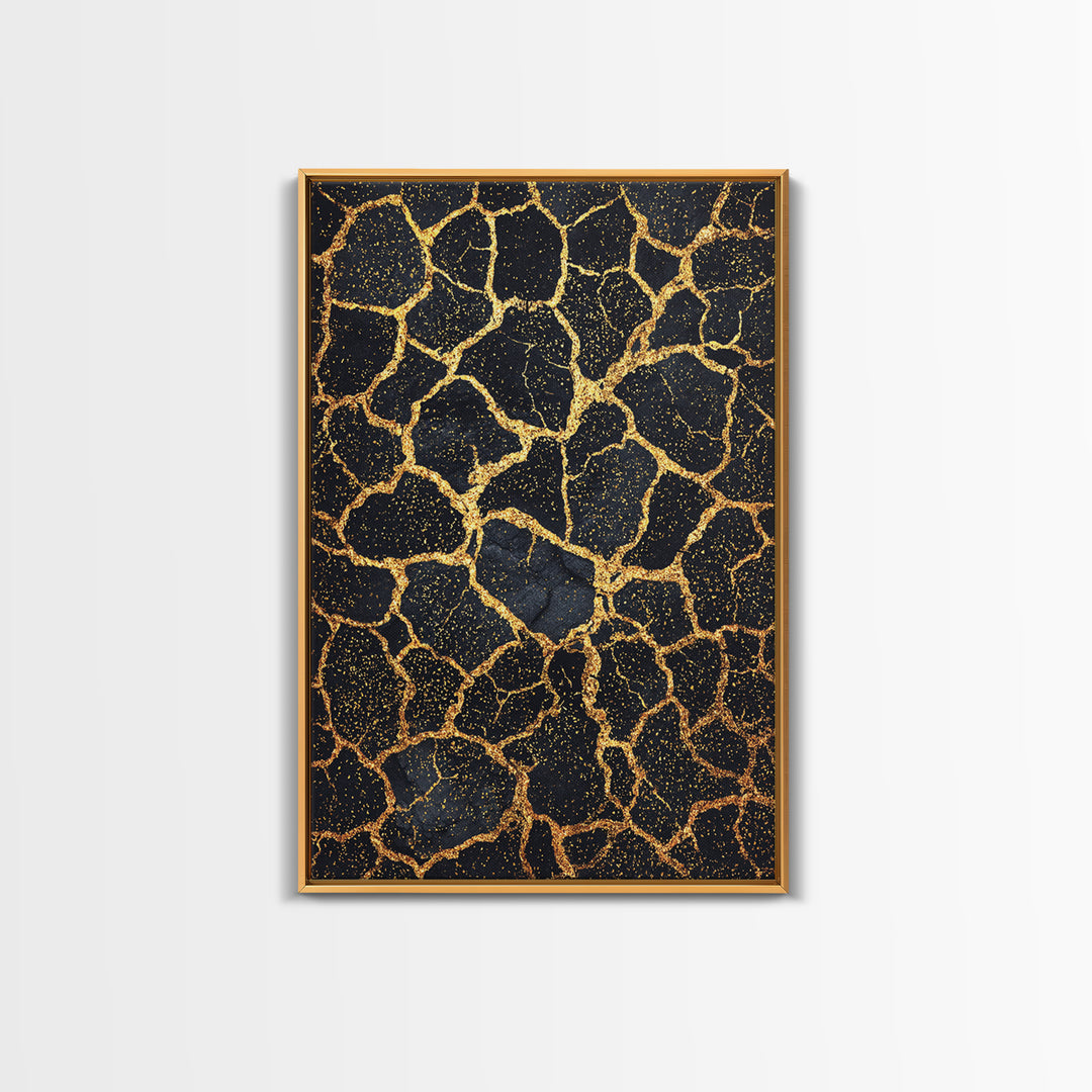 Black And Gold Crackle Pattern, Abstract Wall Art, African Inspired Decor, Luxury Canvas Print, Modern Black Art Home Decor Gift