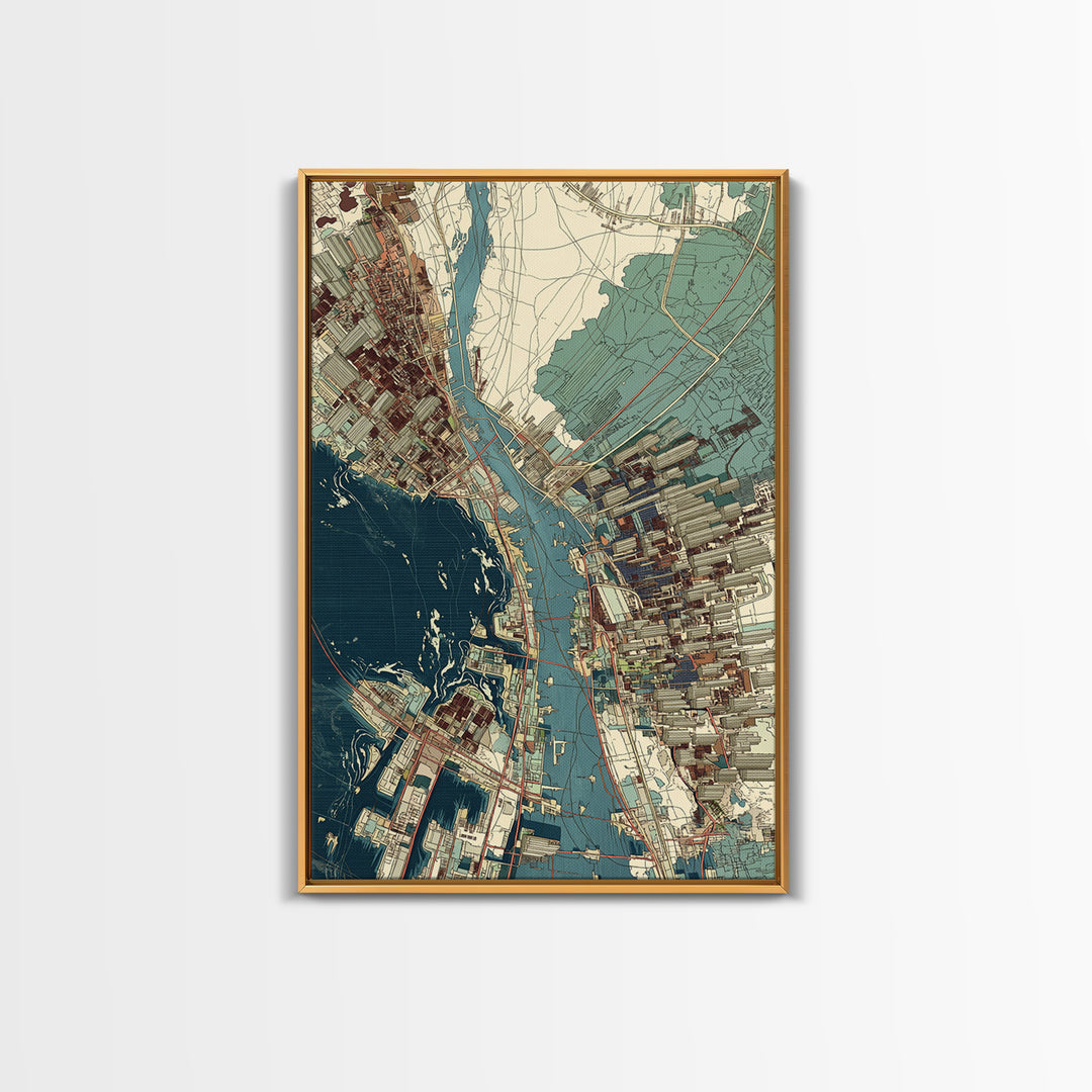 Aerial Coastal City Map With Blue Water, Urban Wall Art, Location Map Print, Modern Office Decor, Gallery Home Decor, Canvas Print