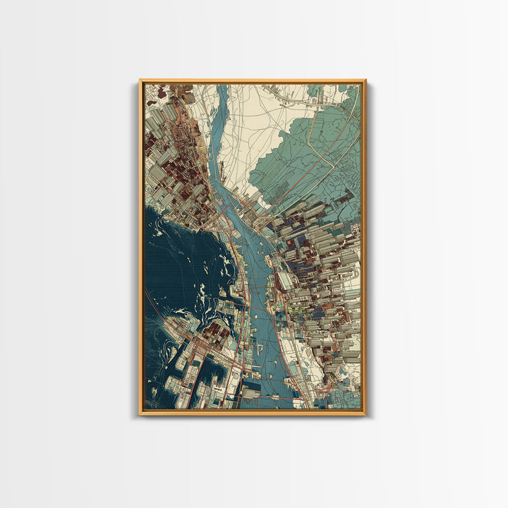 Aerial Coastal City Map With Blue Water, Urban Wall Art, Location Map Print, Modern Office Decor, Gallery Home Decor, Canvas Print