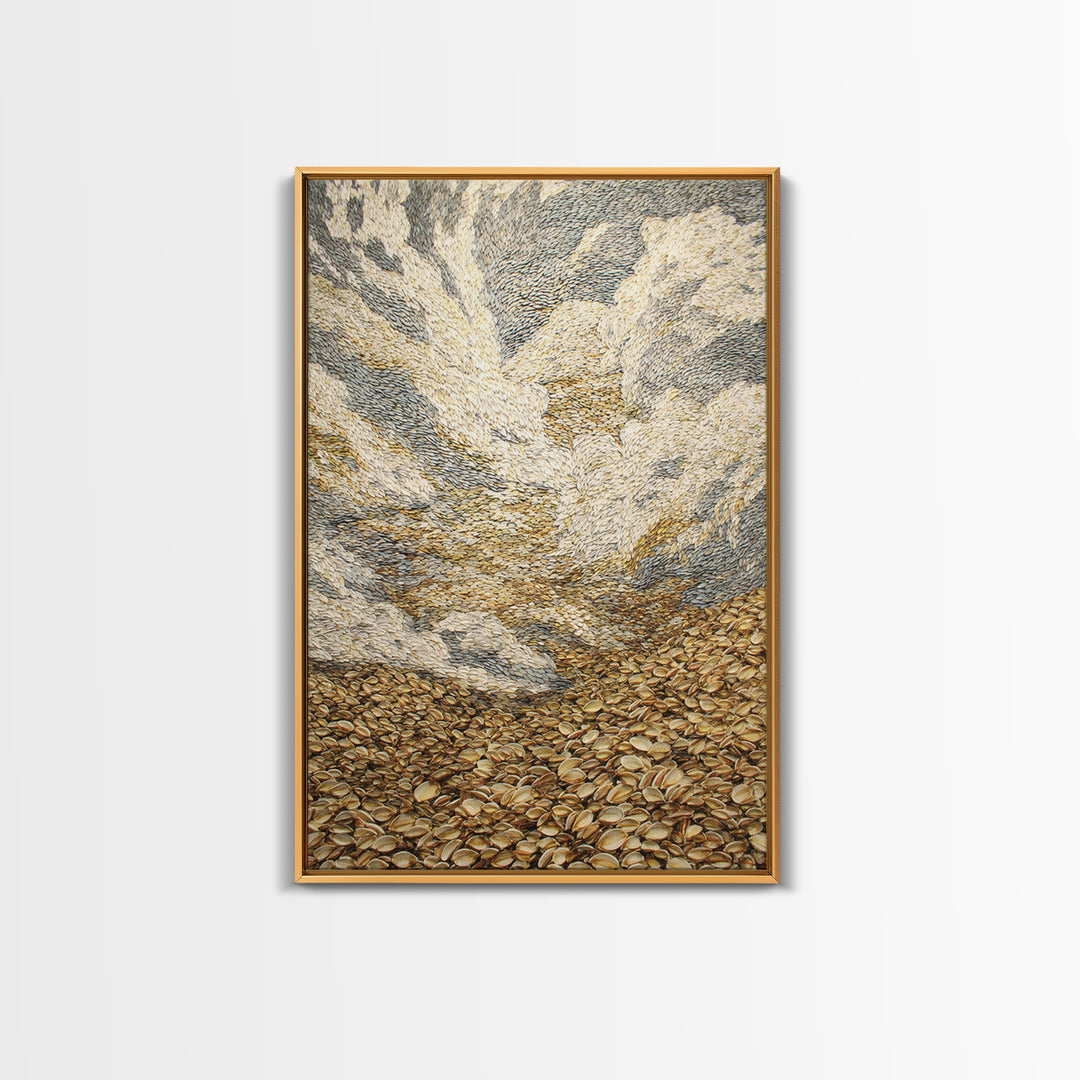 Golden Pebble Hills And Swirling Clouds, Nature Scene Wall Art, Earth Tone Art Print, Textured Boho Home Decor, Canvas Print