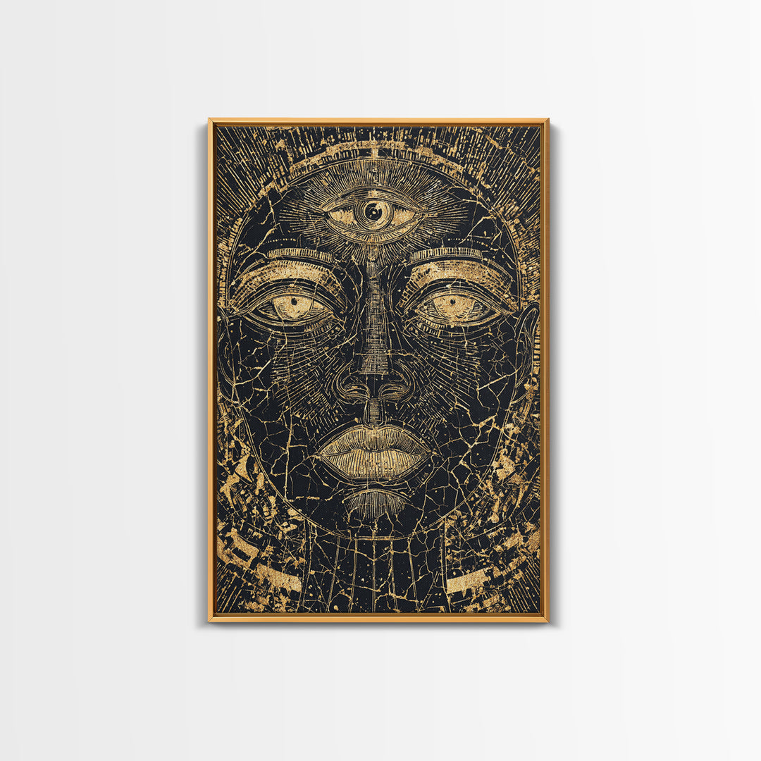Golden Third Eye African Mask Face, African Wall Art, Ancient African Art Print, Black And Gold Mystical Decor, Canvas Print