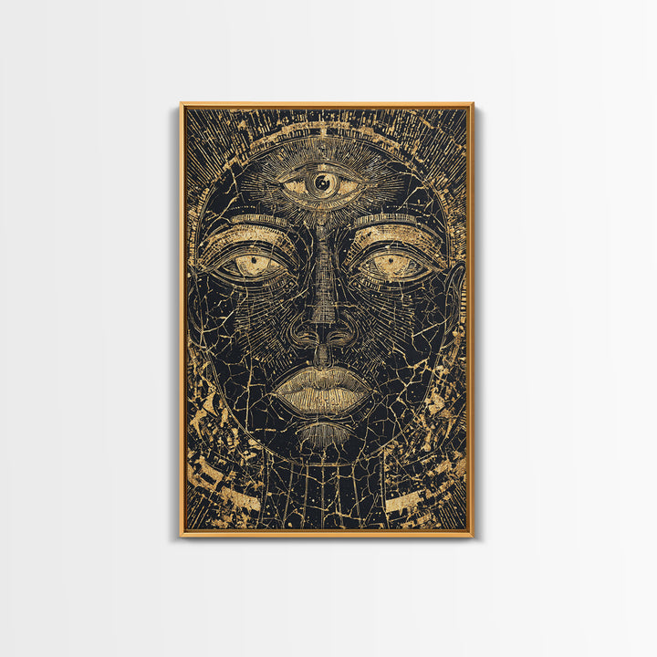 Golden Third Eye African Mask Face, African Wall Art, Ancient African Art Print, Black And Gold Mystical Decor, Canvas Print