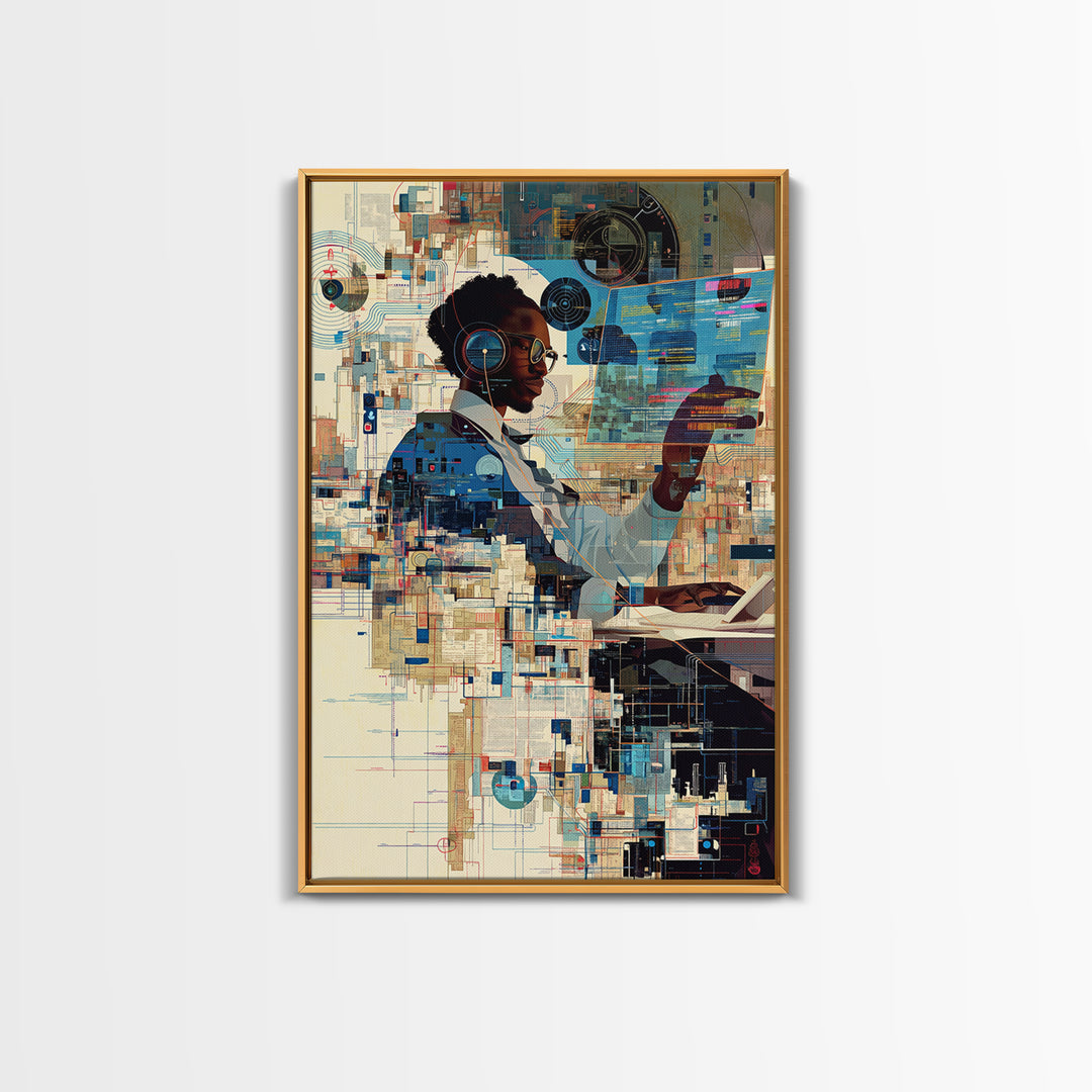Black Woman Scientist Hologram Wall Art, Afrofuturism Portrait, African American Art Print, Modern Tech Office Decor Gift