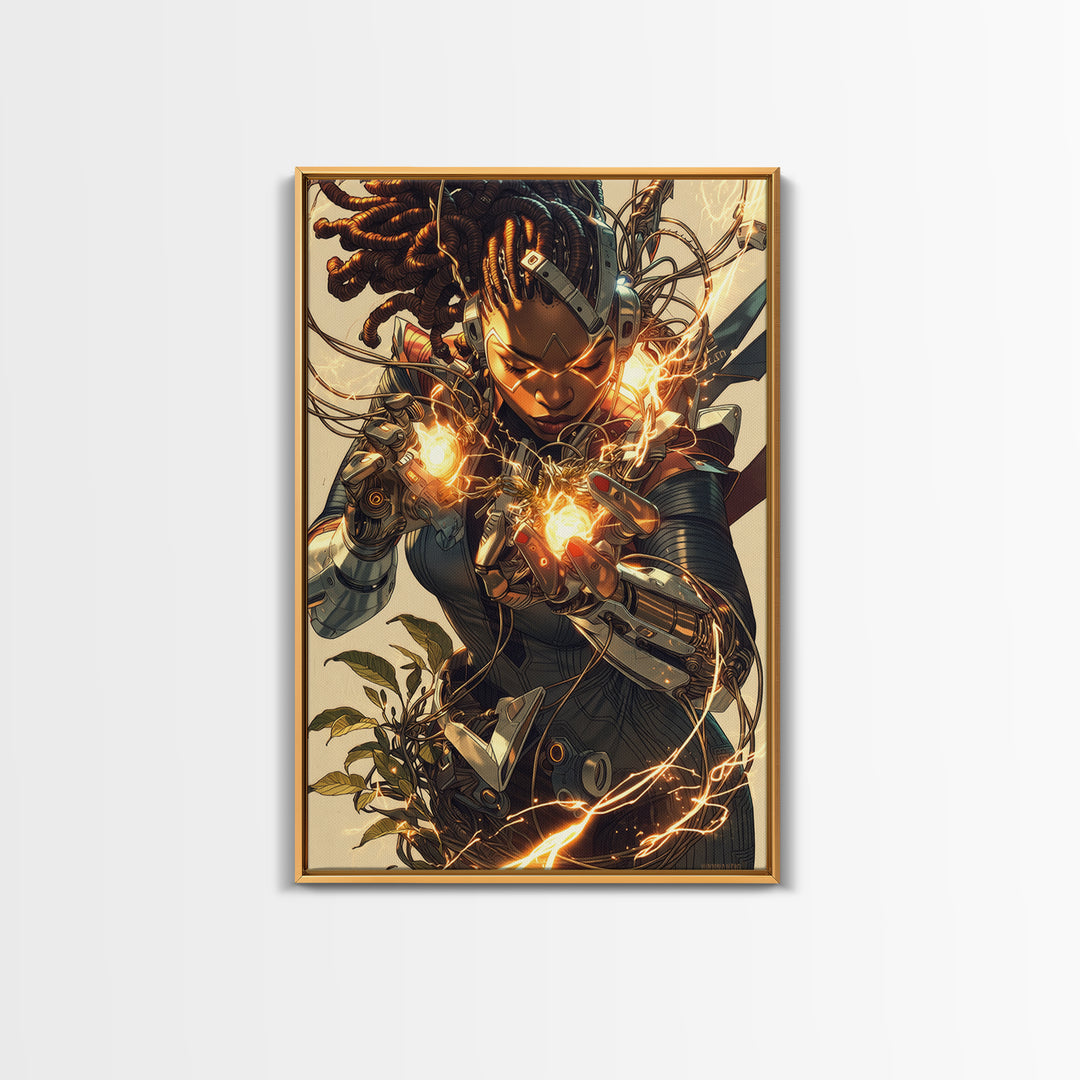 Cyberpunk African Warrior Woman Framed Canvas Print, Afrofuturism Wall Decor, Black Girl Magic, Futuristic Energy Art Gift
