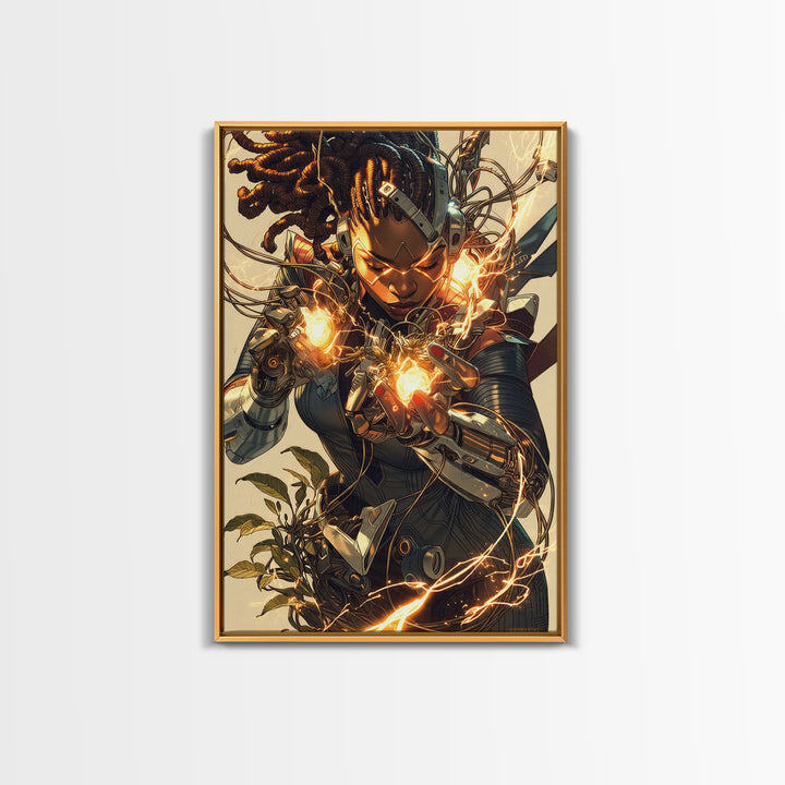 Cyberpunk African Warrior Woman Framed Canvas Print, Afrofuturism Wall Decor, Black Girl Magic, Futuristic Energy Art Gift