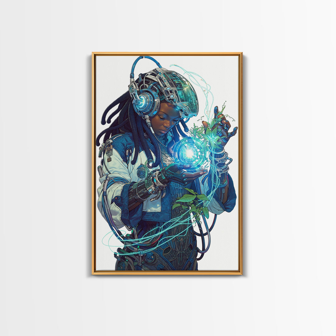Futuristic African Woman With Glowing Orb Canvas Print, Afrofuturism Decor, Black Female Art, Botanical Tech Wall Art Gift