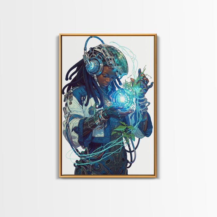 Futuristic African Woman With Glowing Orb Canvas Print, Afrofuturism Decor, Black Female Art, Botanical Tech Wall Art Gift