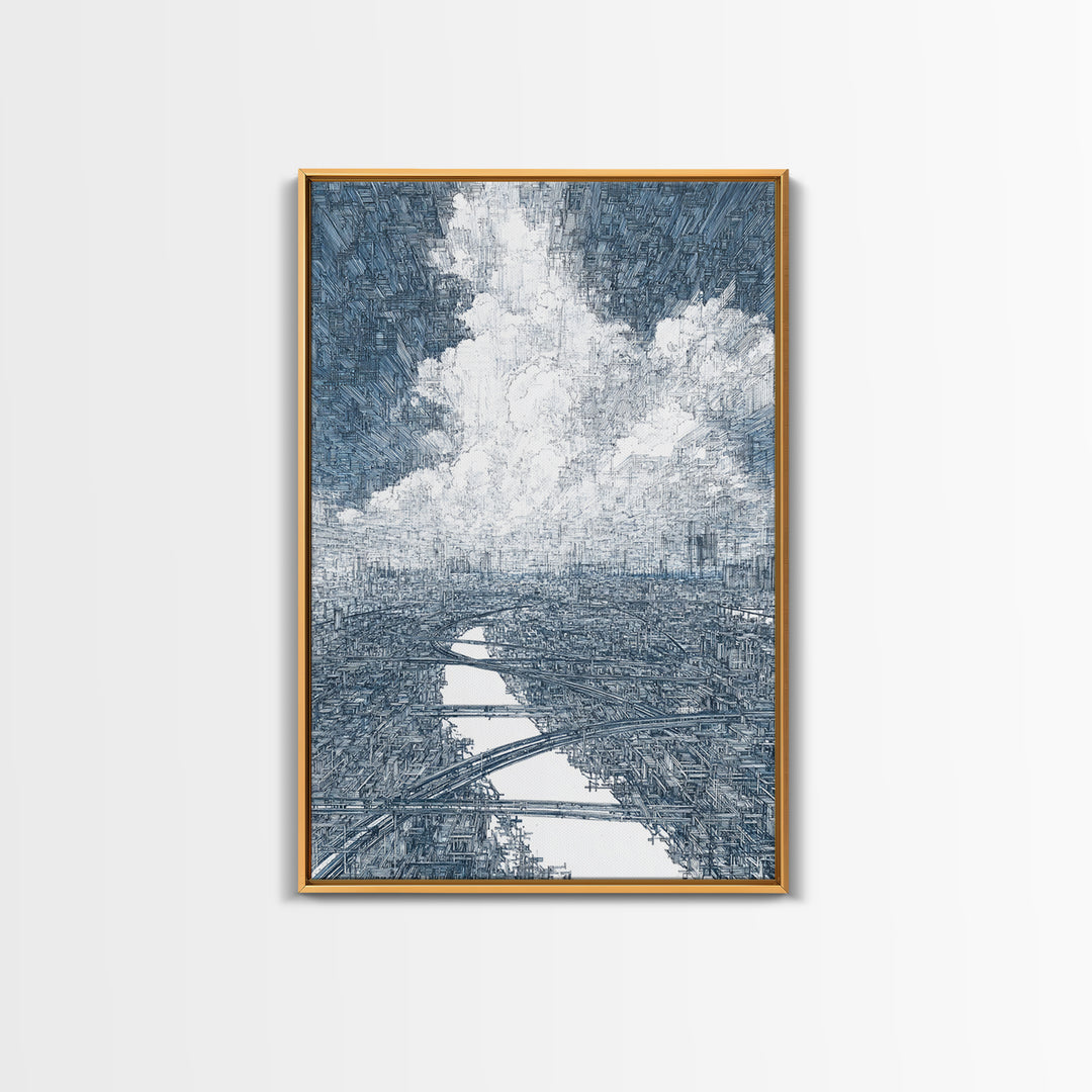 Intricate City River Cloud Wall Art, Blue Gray Urban Landscape Print, Modern Architecture Decor, Large Living Room Art Gift
