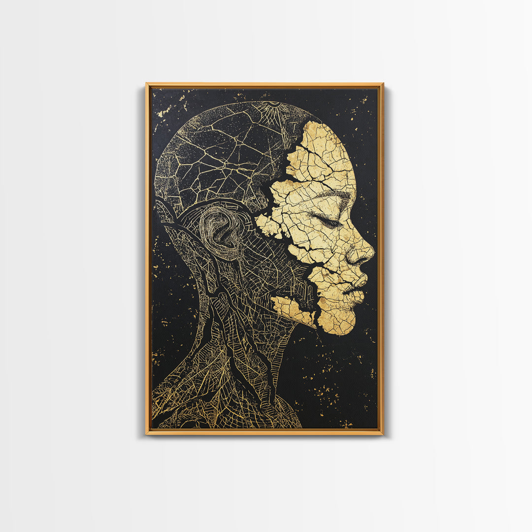 Gold Anatomical Profile Framed Canvas Print, Abstract Face Art, Black And Gold Wall Decor, Luxury Modern Portrait Gift For Him