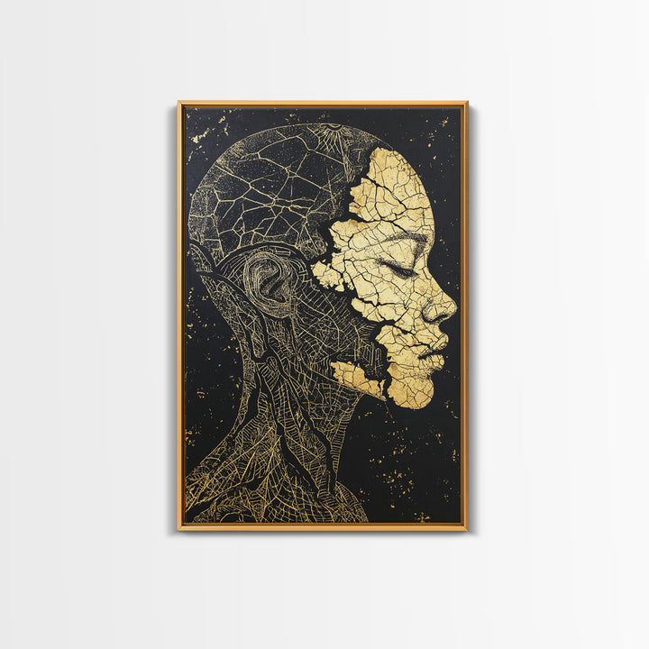 Gold Anatomical Profile Framed Canvas Print, Abstract Face Art, Black And Gold Wall Decor, Luxury Modern Portrait Gift For Him