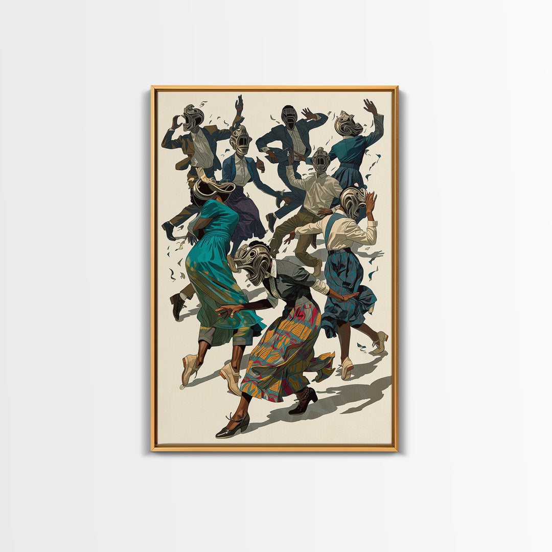 African Masked Dancers Celebration Canvas Print, African Tribal Art, Cultural Wall Decor, Colorful Afrocentric Home Gift