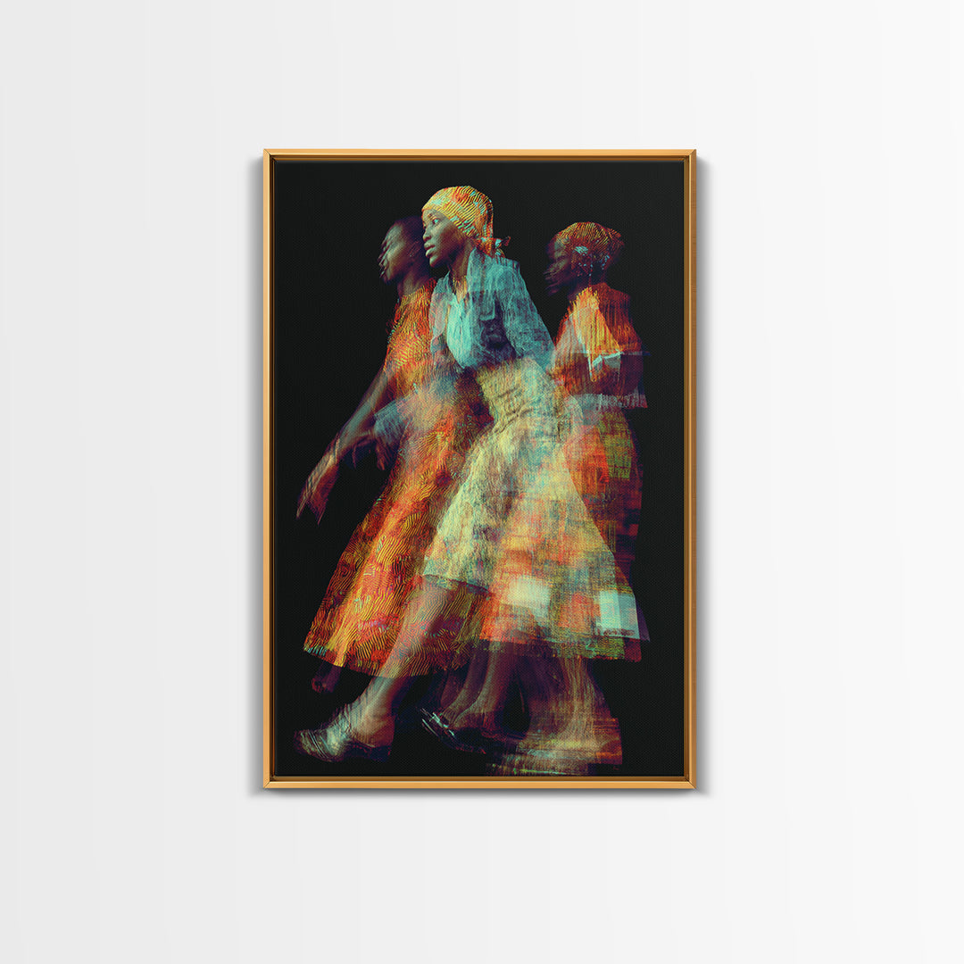 Glowing African Women In Motion Framed Canvas Print, Abstract Textile Portrait, Afrocentric Black Woman Wall Decor Art Gift