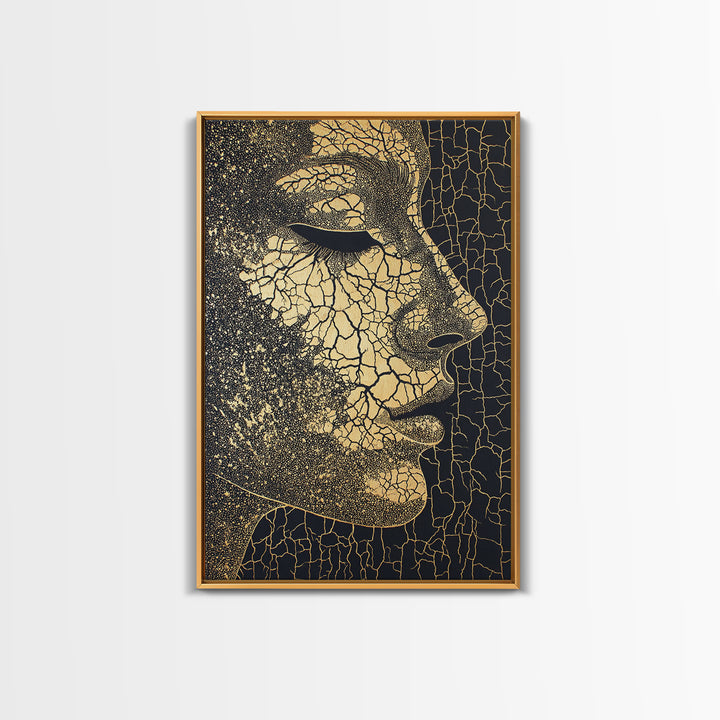 Golden Cracked African Woman Profile Wall Art, Elegant Black And Gold Portrait, Modern Afrocentric Luxury Canvas Decor Gift