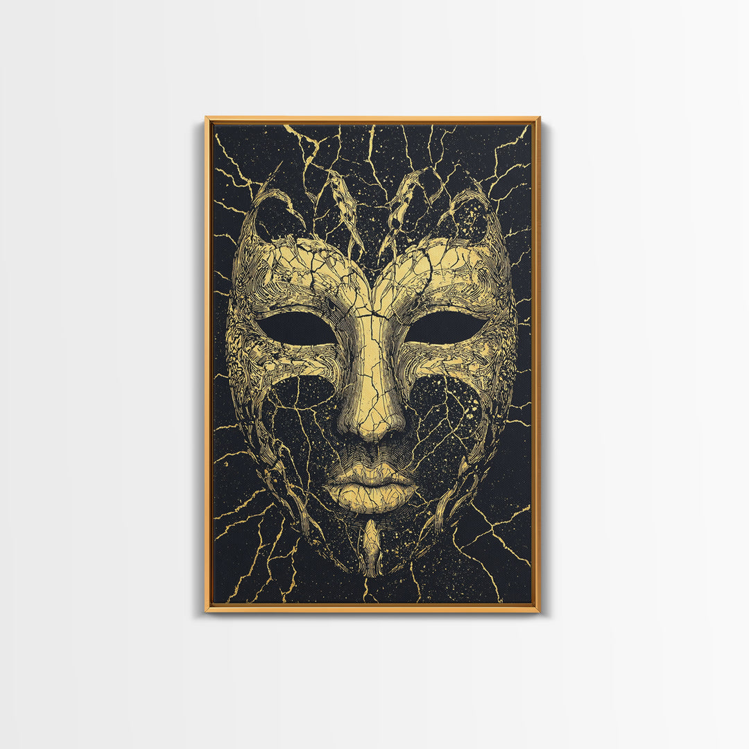 Gold African Mask Canvas Print, Black Cracked Tribal Face Art, Mystical Afrocentric Wall Decor, Unique Statement Gift For Home