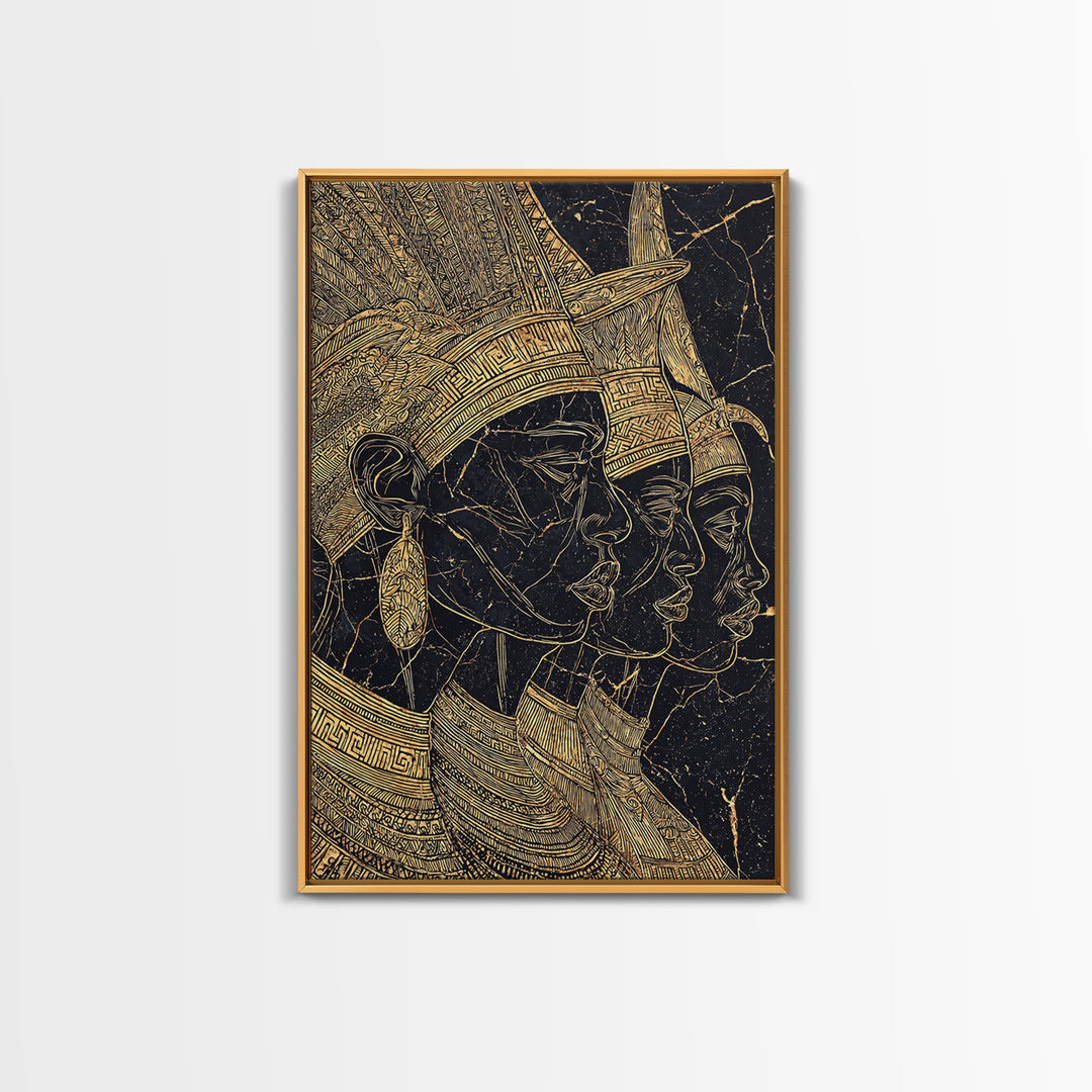 Regal African Queens Gold Line Wall Art, Black And Gold Headdress Portraits, Egyptian Inspired Afrocentric Cultural Home Decor Gift