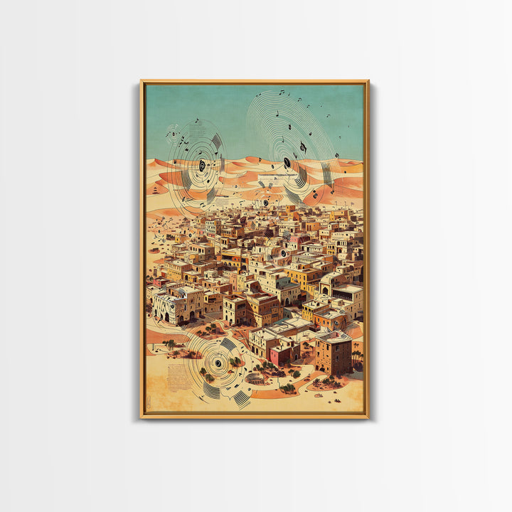 Desert City With Abstract Sound Waves Wall Art, North African Landscape Print, Modern Travel Poster, Earth Tone Home Decor