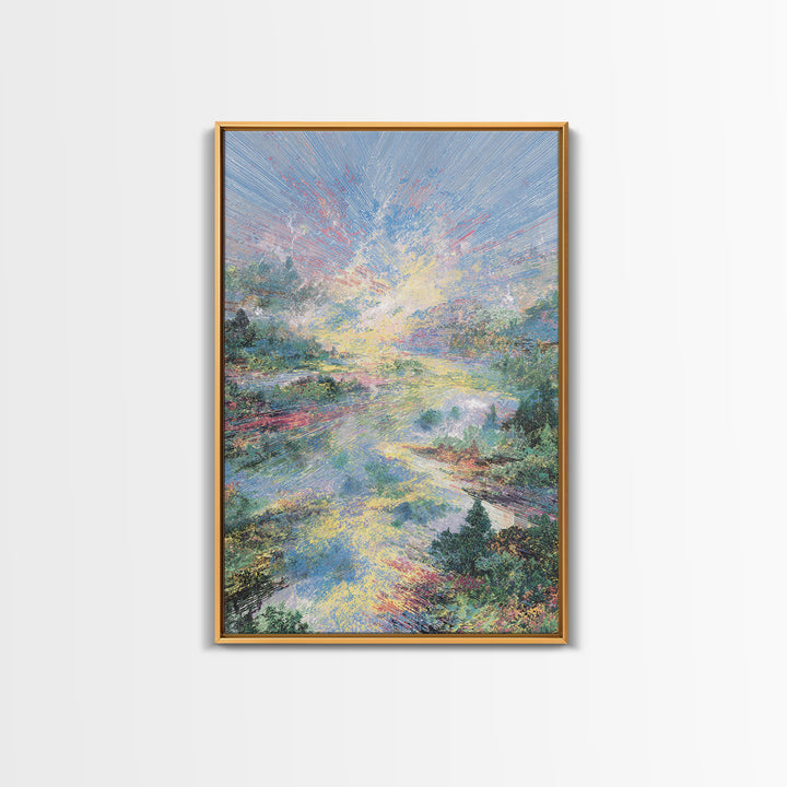 Luminous River Sunrise Landscape Framed Canvas Print, Dreamy Wall Art, Nature Scene Art, Serene Living Room Decor, Home Decor Gift