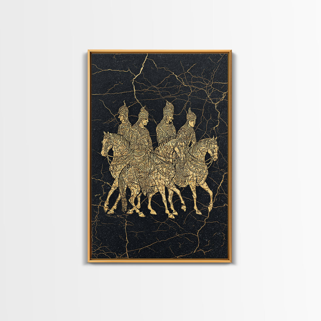 Golden African Horse Warriors On Black Stone Wall Art, African Warrior Art, Tribal Art Decor, Black Gold Canvas Decor Print