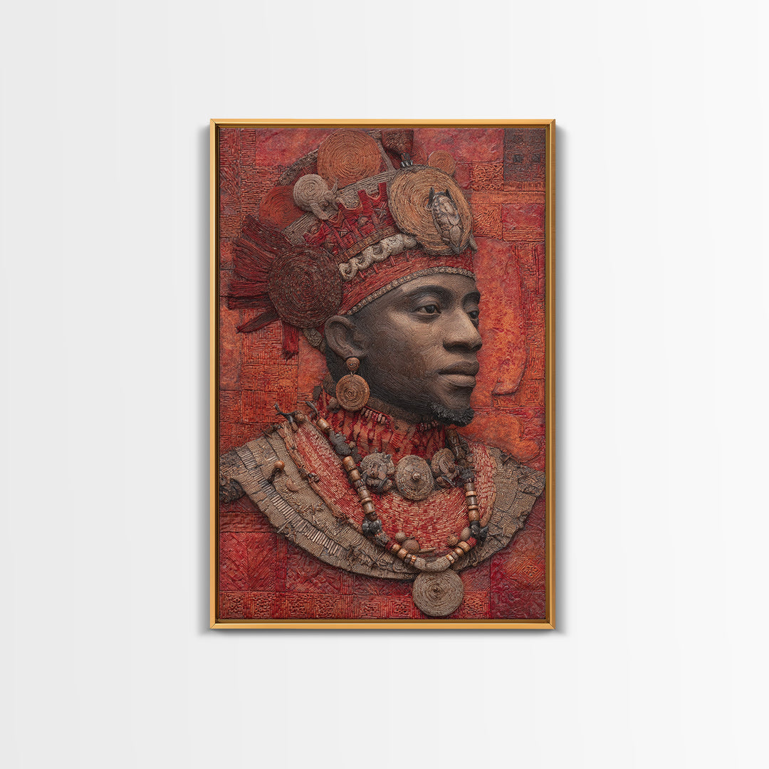 Ornate African Royal Man With Headdress Framed Canvas Print, African Portrait, Tribal Art Print, Red Cultural Wall Decor