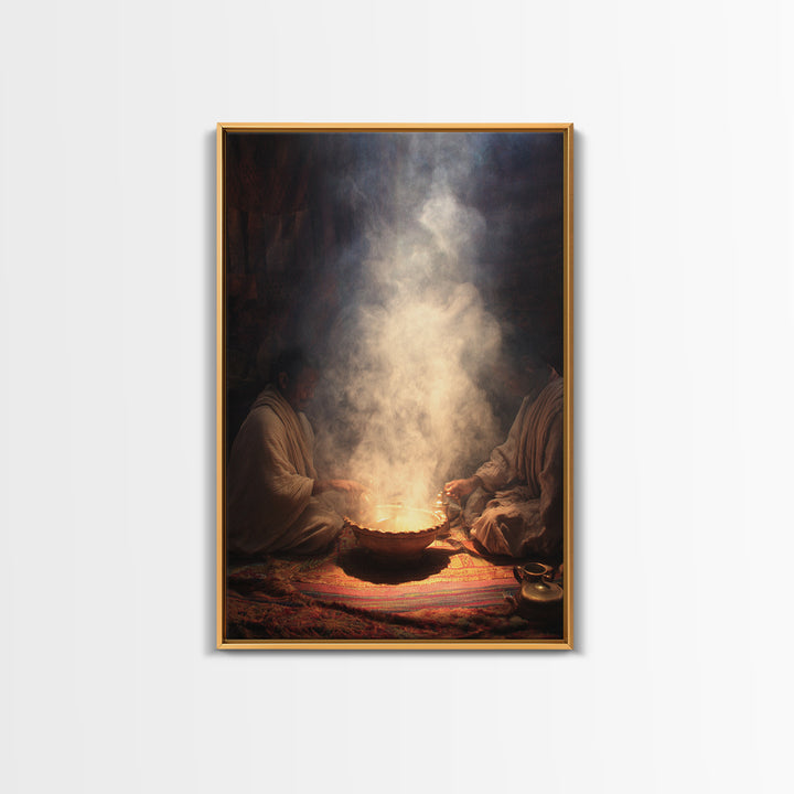 Two African Men Beside Smoky Ritual Pot Framed Canvas Print, Spiritual Wall Art, Cultural Decor, Earth Tone Home Decor Gift