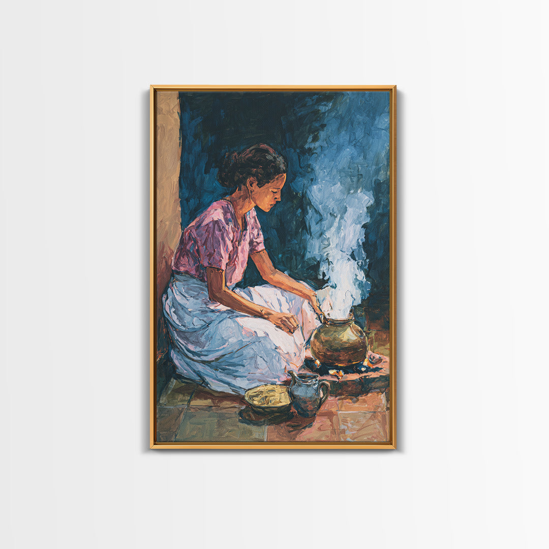 African Woman Cooking Steam Wall Art, Afrocentric Kitchen Portrait Canvas Print, Cultural Home Decor, Gift For Her, Blue Orange Painting