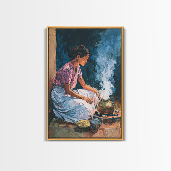 African Woman Cooking Steam Wall Art, Afrocentric Kitchen Portrait Canvas Print, Cultural Home Decor, Gift For Her, Blue Orange Painting