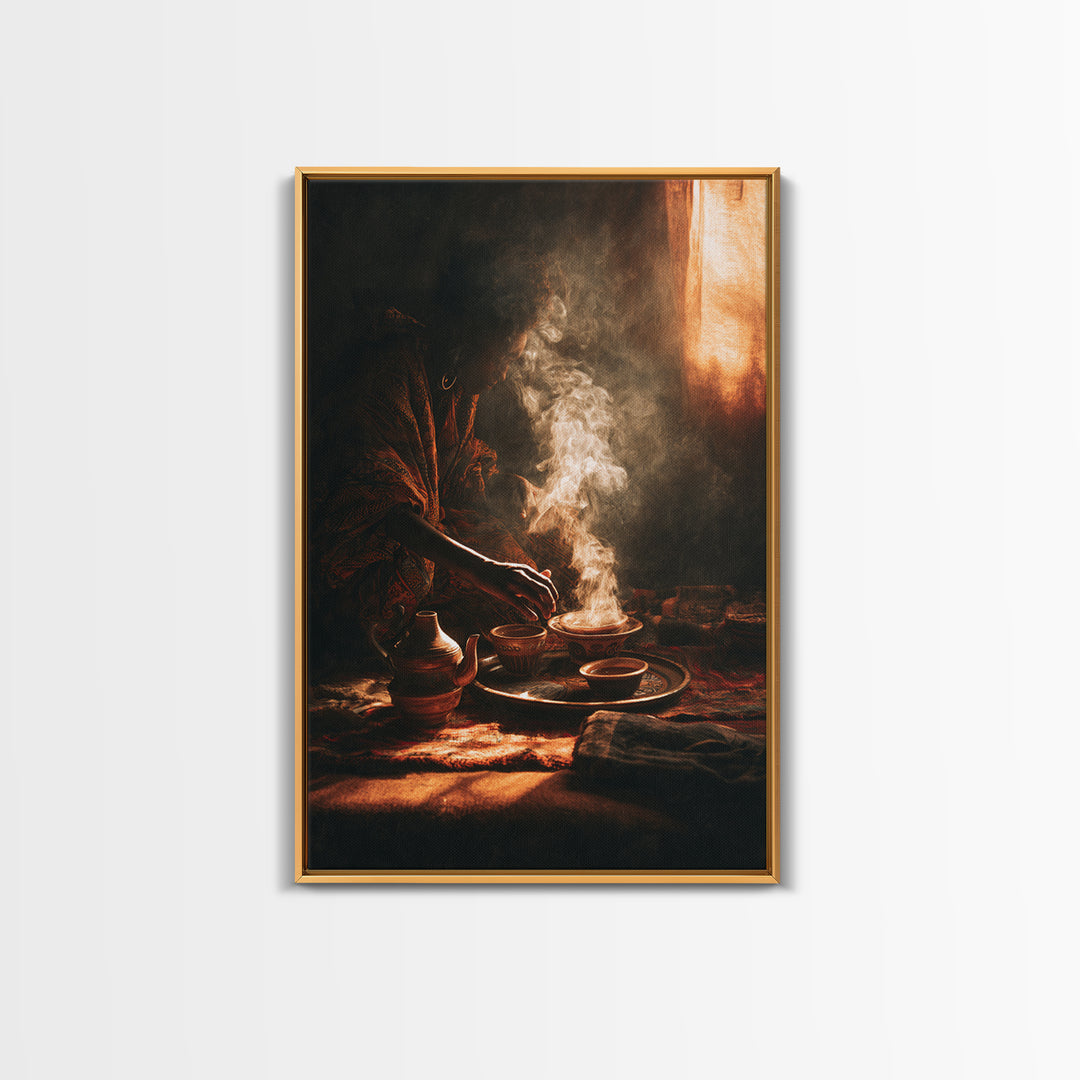 Moody African Woman Tea Ritual Wall Art, Incense Smoke Canvas Print, Afrocentric Decor, Black Culture Art, Gift For Her, Home Decor