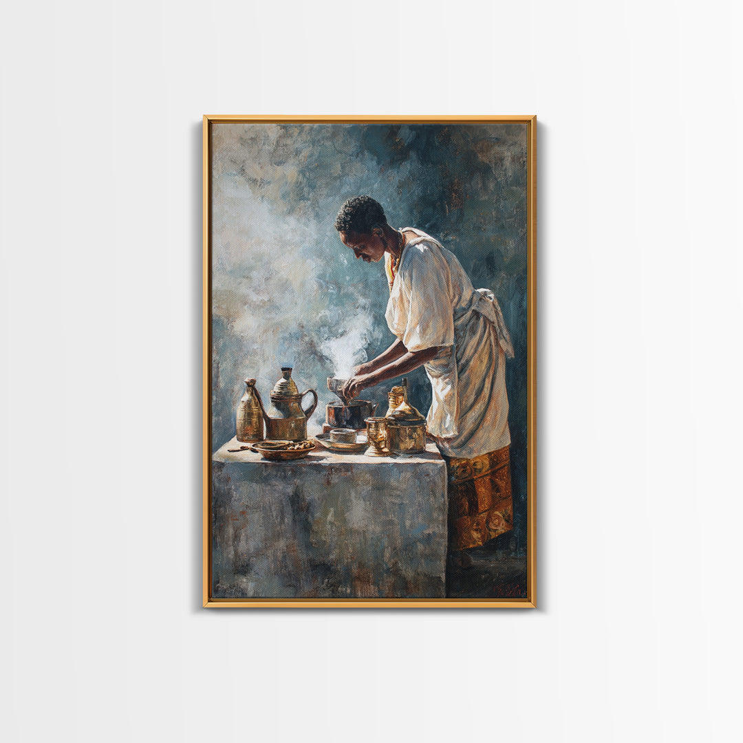 African Man Coffee Ceremony Wall Art, Ethiopian Tea Service Canvas Print, Cultural Portrait, Afrocentric Home Decor, Gift