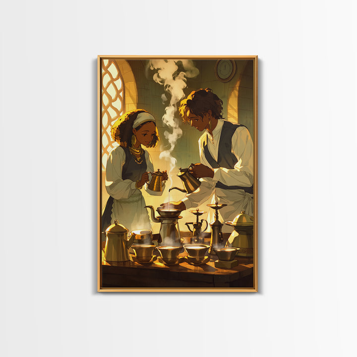 African Couple Tea Ceremony Wall Art, Golden Kitchen Canvas Print, Afrocentric Romance Decor, Black Love Art, Wedding Gift