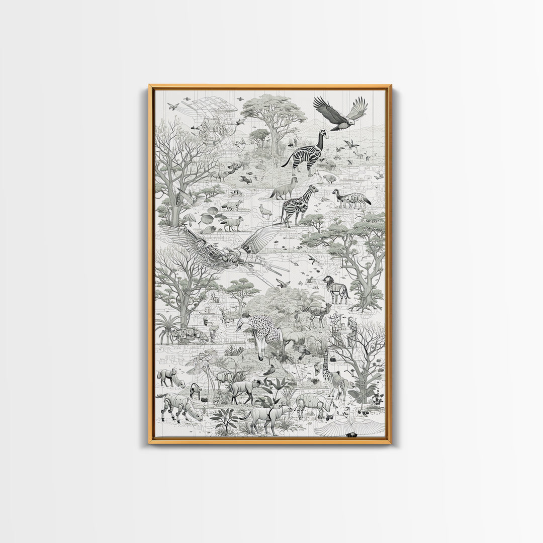 Intricate Monochrome African Safari Map Wall Art, Serengeti Animals, Elephant, Zebra, Giraffe, Travel Inspired Home Decor