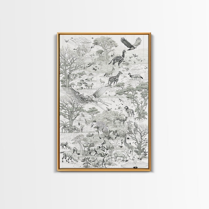 Intricate Monochrome African Safari Map Wall Art, Serengeti Animals, Elephant, Zebra, Giraffe, Travel Inspired Home Decor