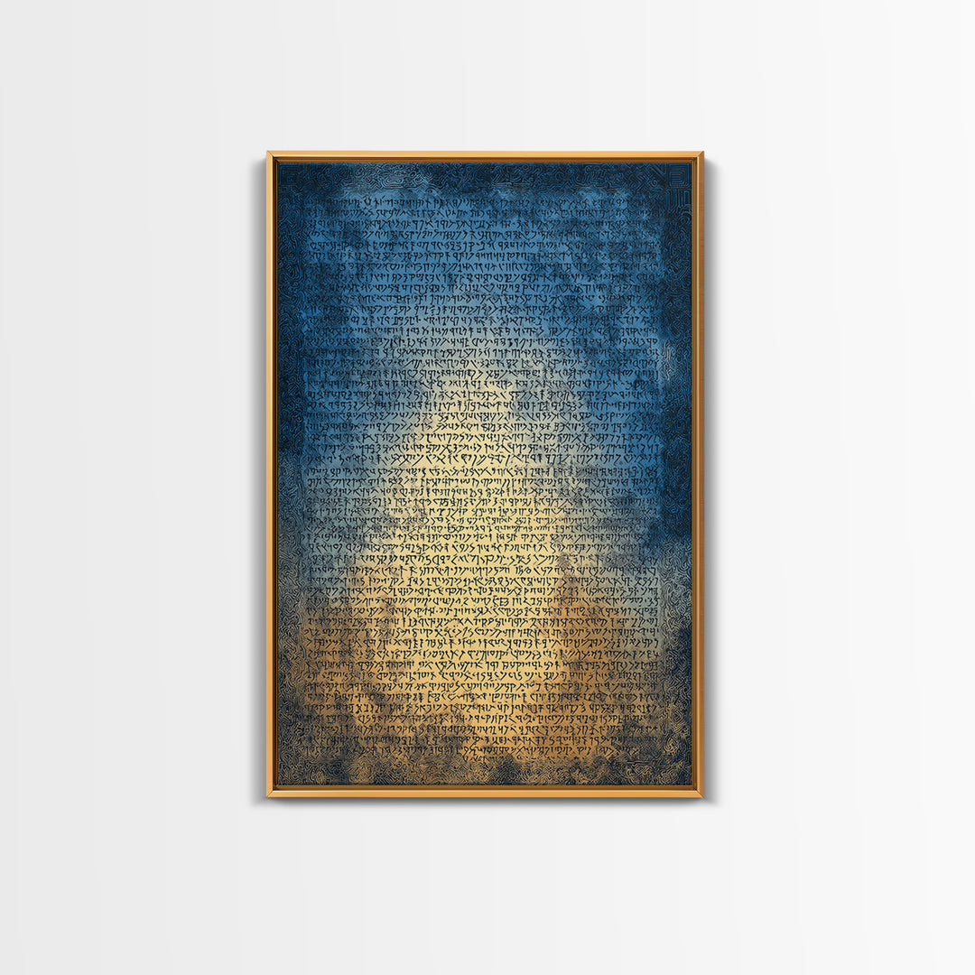 Blue Ancient Script Manuscript Canvas Print, Glowing Parchment Wall Art, Spiritual Cultural Decor, Elegant Office Gift For Her