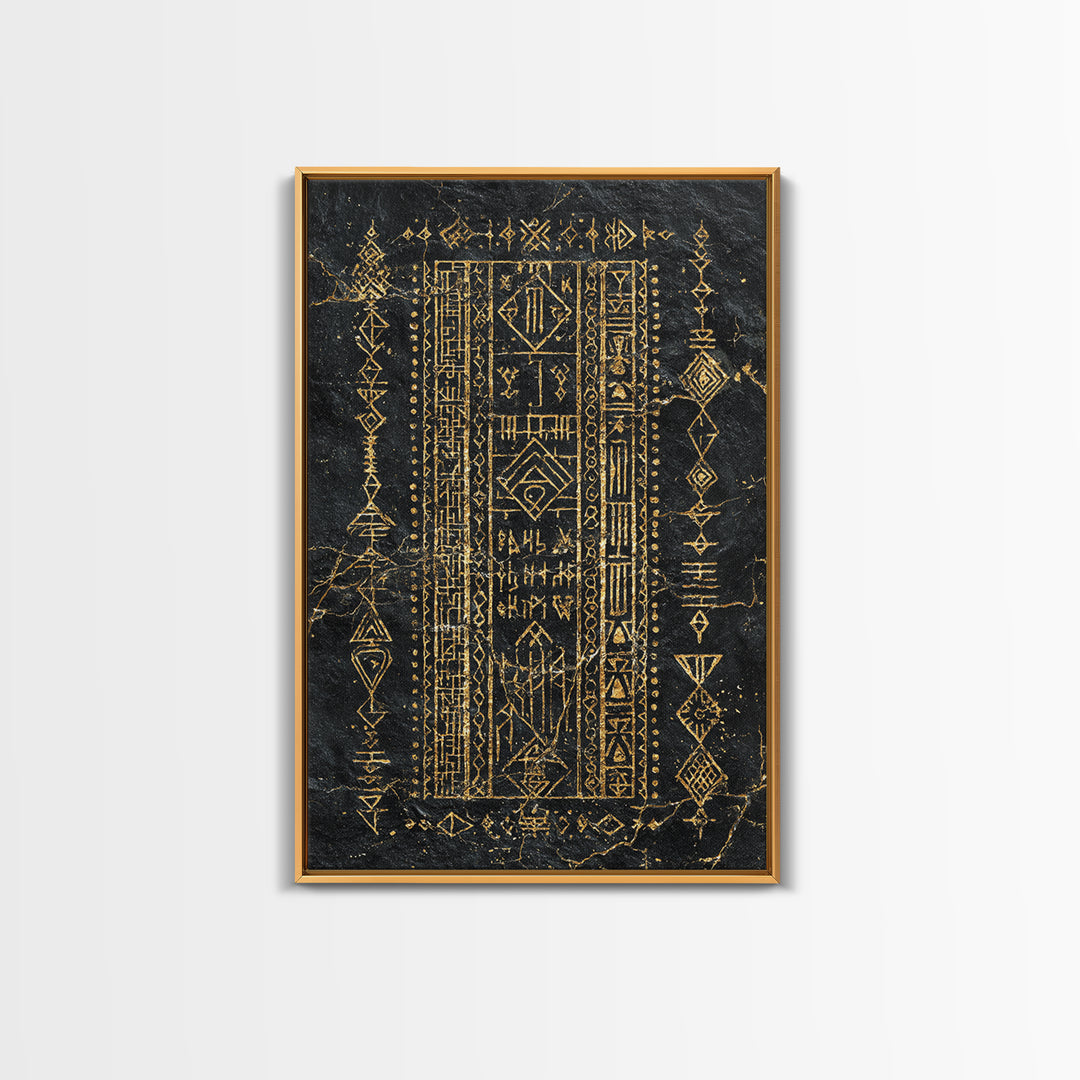 Black Gold Tribal Geometric Symbol Wall Art, Ancient African Inspired Panel, Mystical Canvas Print, Cultural Home Decor Gift