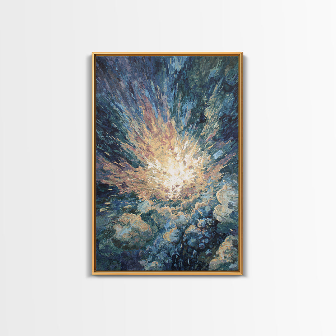 Radiant Ocean Light Burst In Blue Clouds Canvas Print, Abstract Painting, Dreamy Wall Art, Nature Scene Art, Home Decor Gift