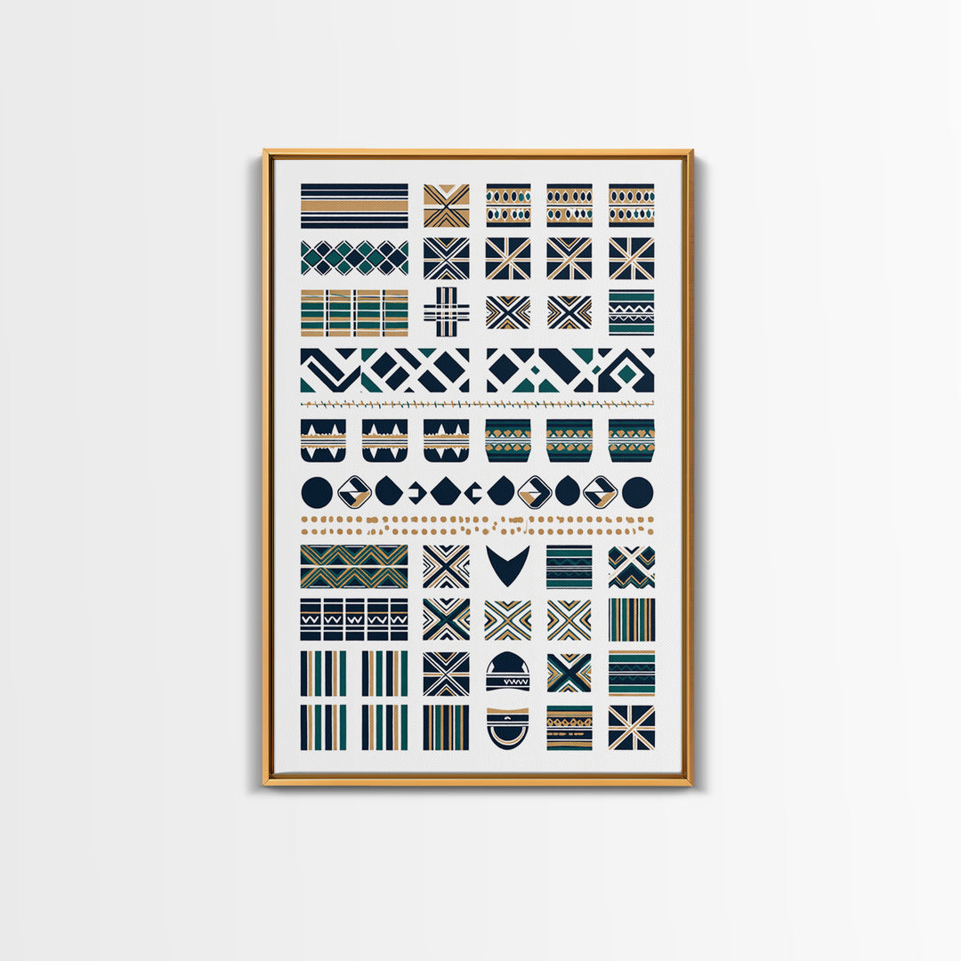 African Textile Pattern Grid In Blue Gold Wall Art, Ankara Wall Art, Ethnic Art Print, Cultural Home Decor, Motherland Style Gift