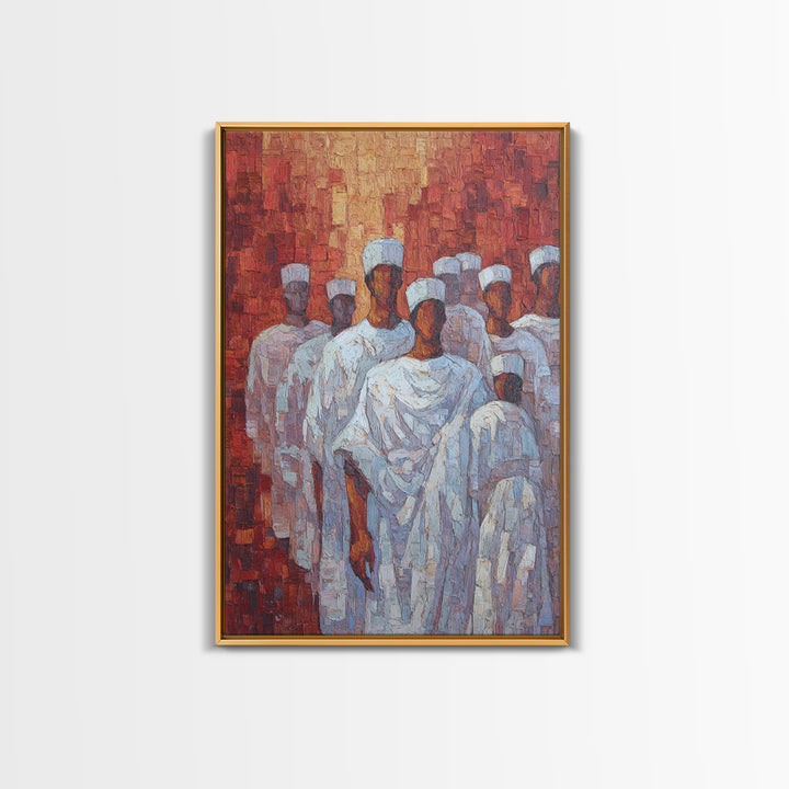 White Robed Figures In Red Impasto Framed Canvas Print, African Wall Art, Cultural Decor, Modern African Painting Gift For Home Decor