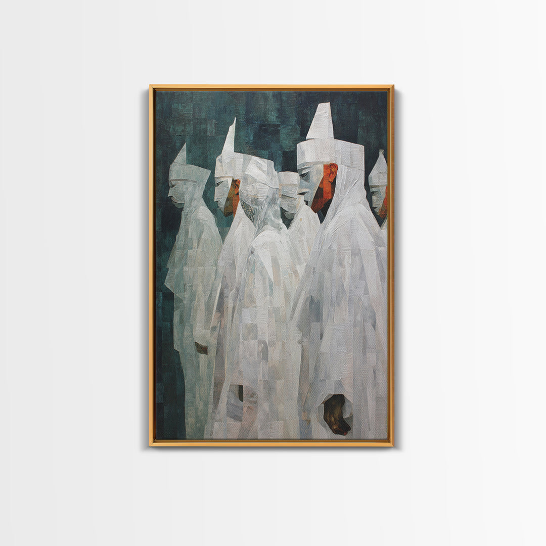 Abstract White Robed Figures On Teal Framed Canvas Print, African Wall Art, Modern Cultural Decor, Unique Home Gift For Living Room