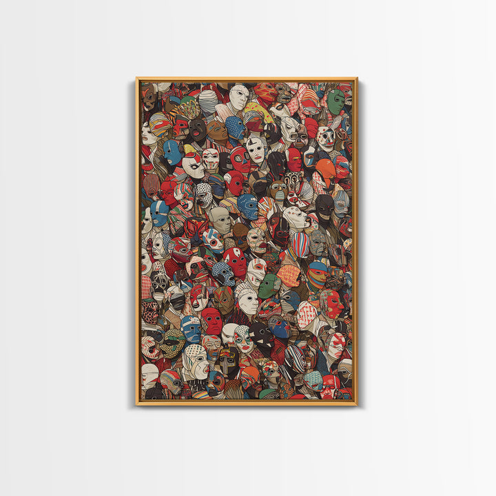 Illustrated African Mask Collage Wall Art, Colorful Tribal Pattern, Afrocentric Decor, Cultural Gallery Canvas Print Gift