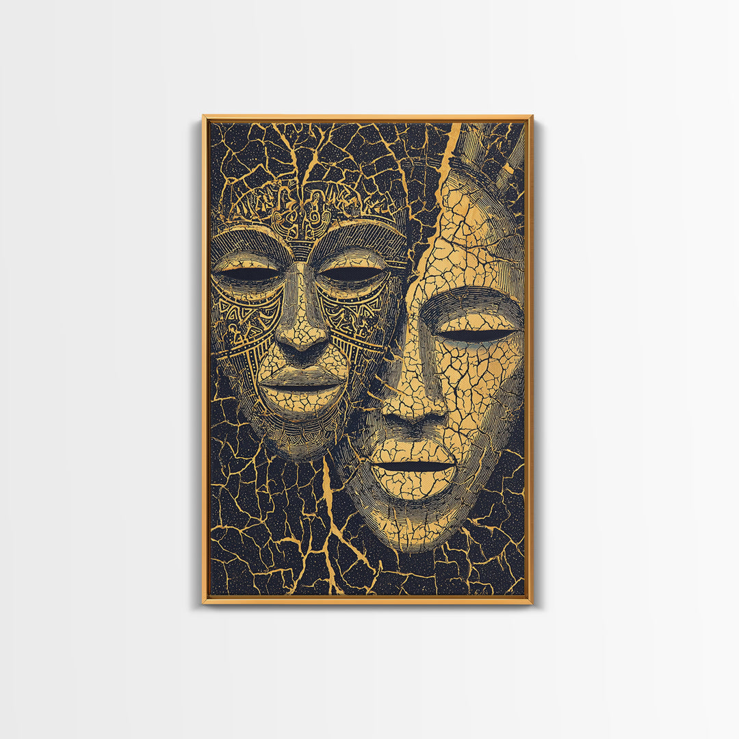 Gold Line African Mask Duo Wall Art, Tribal Mask Canvas Print, Black And Gold Decor, Afrocentric Cultural Home Decor Gift