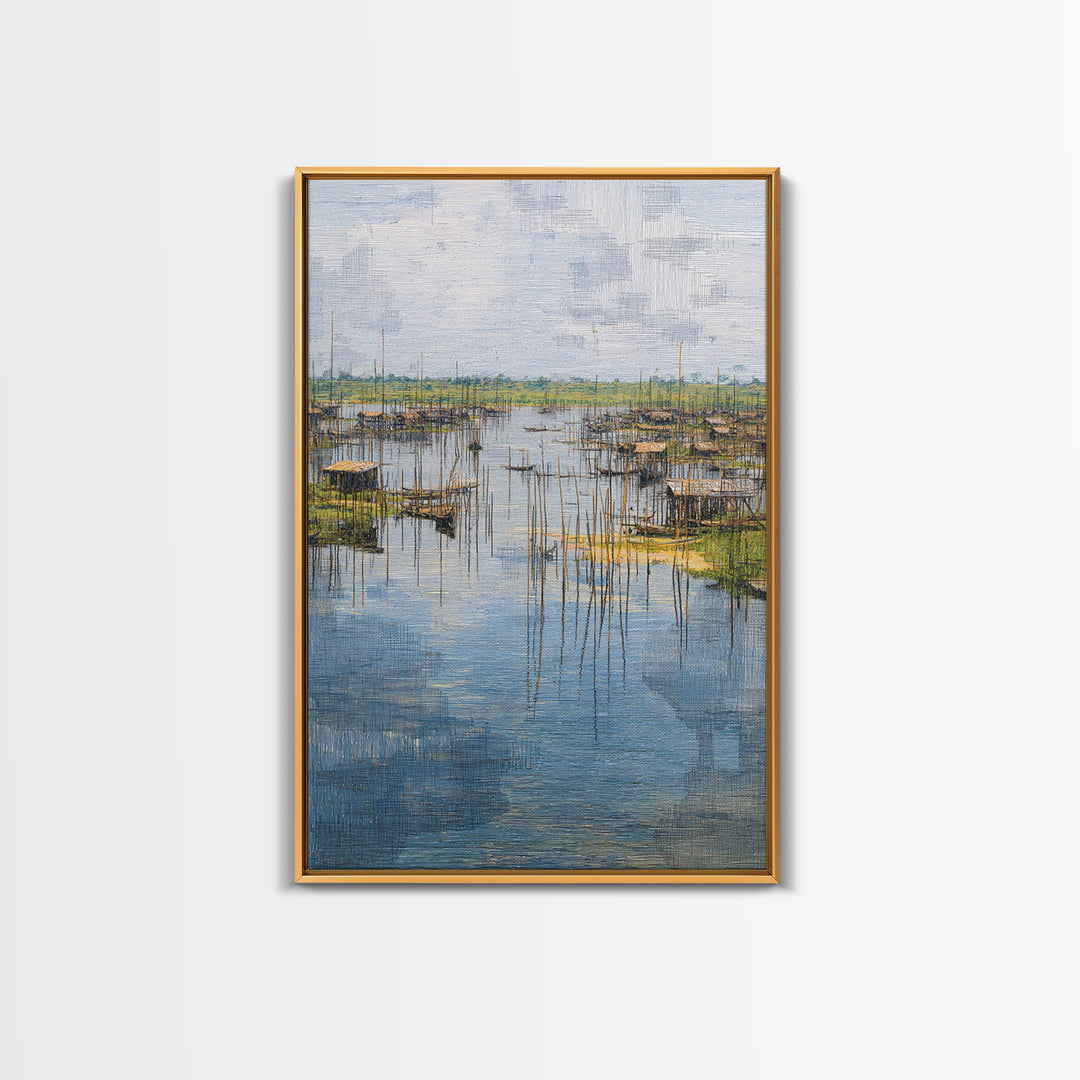 Serene African Fishing Village Wall Art, Blue Wetland Landscape Canvas, Coastal Nature Scene, Textured Home Decor For Living Room