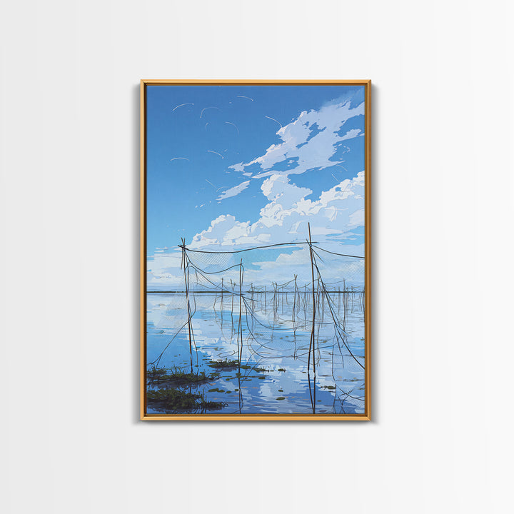 Blue Sky Fishing Nets Wall Art, Minimalist Coastal African Landscape Canvas, Serene Water Reflections, Bedroom Decor Gift